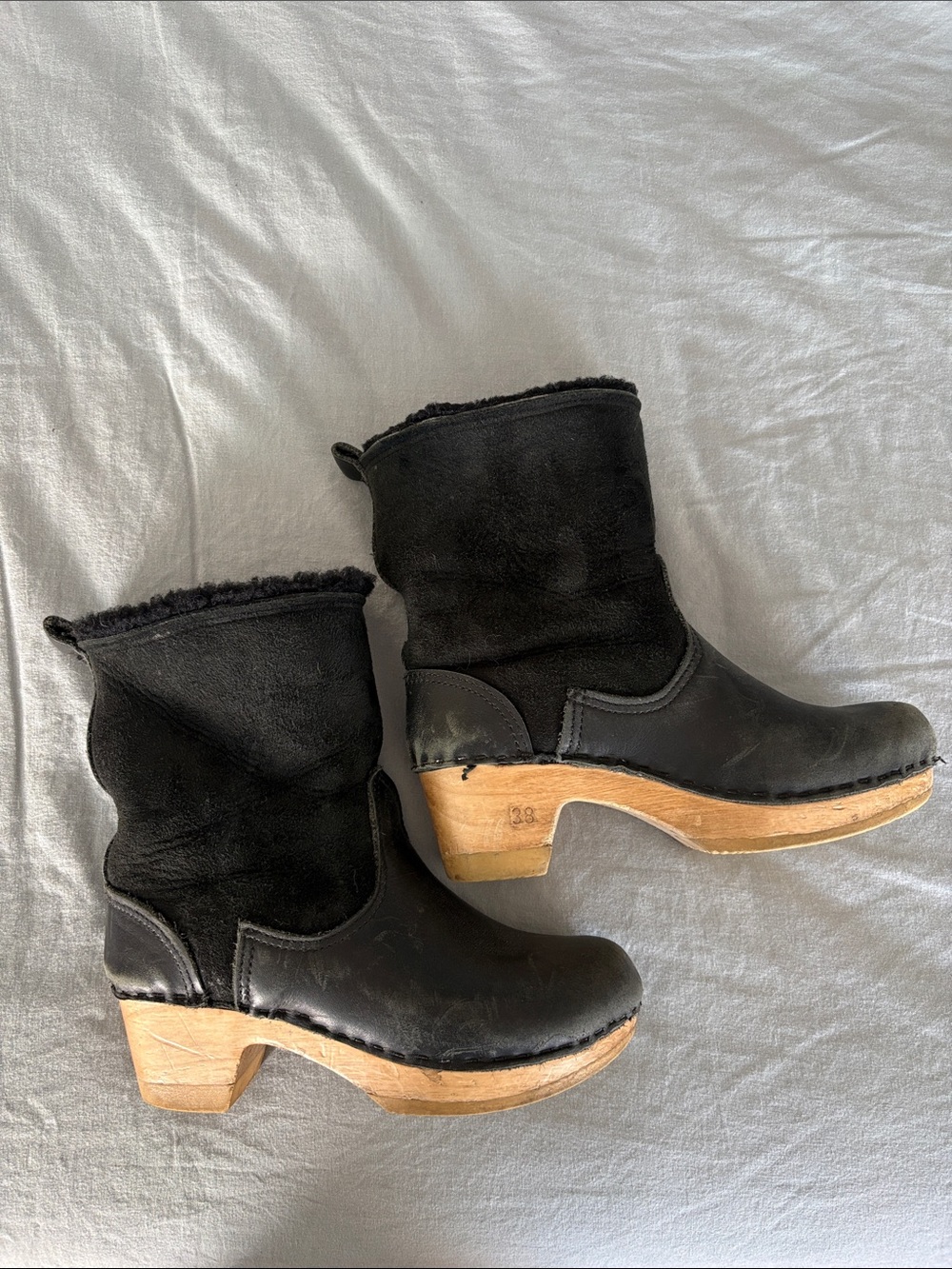 SVEN wooden clog leather and sherling lined boot